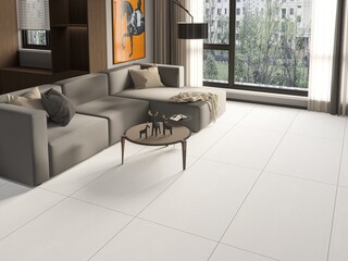 Luxury living area interior with wooden coffee table, pendant lighting, and modern wall art of horse, comfy sofa set and standing elegant lamp. 3D Illustrations. 3D Rendering. Mockup