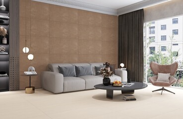 Minimalist living space interior with featuring beige ceramic textures on floor and contemporary decor, brown tiles on wall, book shelfs besides sofa, armchair near window. 3D Rendering. Mockup