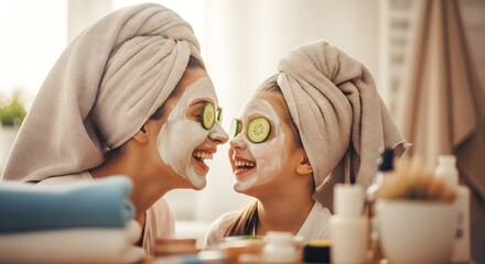 A mother and daughter wearing face masks with cucumber slices and towels on their heads smiling happily