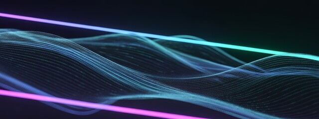 Abstract neon light waves and lines on dark background