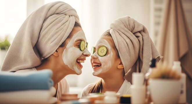 A mother and daughter wearing face masks with cucumber slices and towels on their heads smiling happily