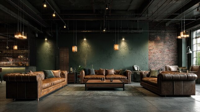 Luxurious interior with leather sofas and atmospheric lighting for commercial use