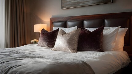 A luxurious king size bed adorned with plush velvet pillows and ambient lighting in a hotel room setting