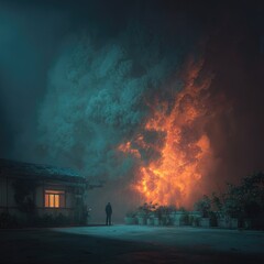 Silhouetted figure at night, fire and smoke