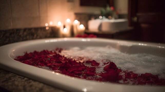 A luxurious bathtub filled with red rose petals and bubbly water with candles providing soft ambient light