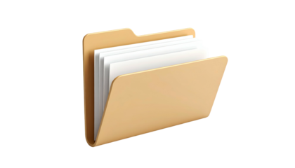 A light-brown folder icon, angled open, revealing several white papers inside
