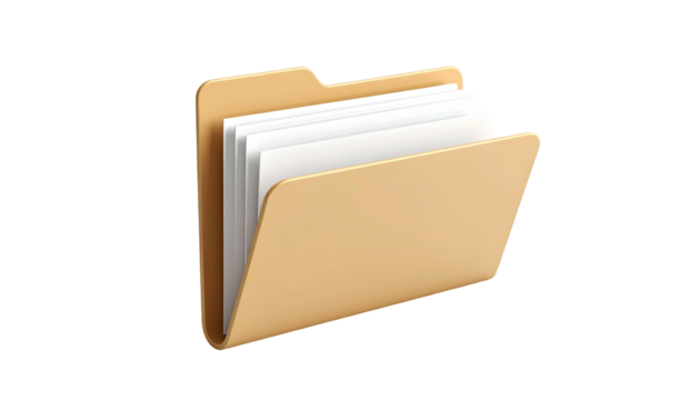 A light-brown folder icon, angled open, revealing several white papers inside