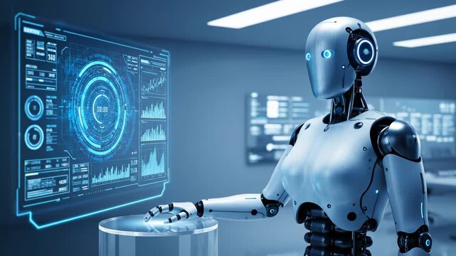 A sleek, humanoid robot interacts with a holographic display in a futuristic lab, examining data. The scene is bathed in cool blue light