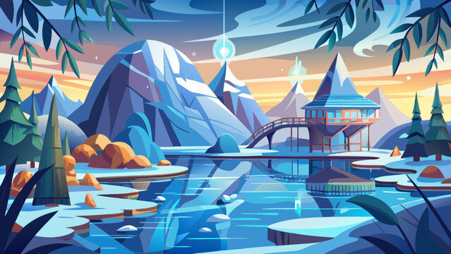 . Very beautiful eco-inspired winter wonderland showing reflective ice patterns on a frozen lake surface, capturing nature&rsquo;s candid artistry and environmental harmony in cold serenity.
