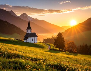 Alpine church at sunset
