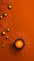 Festive Diwali backdrop with candles, sparkles and orange textured background with space for text, copyspace, vertical banner