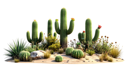 Array of cacti and other desert plants with blooming flowers, set on sandy ground