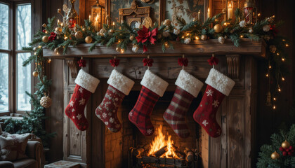 Christmas stockings hanging from a decorated fireplace mantel, twinkling lights above, rustic background