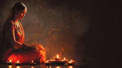 Bright festive Diwali background with candles, woman in traditional Indian outfit and dark textured background with space for text, copy space, horizontal banner