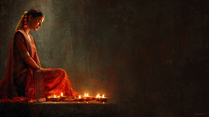 Bright festive Diwali background with candles, woman in traditional Indian outfit and dark textured background with space for text, copy space, horizontal banner