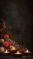 Festive Diwali backdrop with candles, flowers and dark textured background with space for text, copyspace, vertical banner