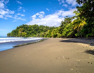 Tropical beach scene with lush greenery