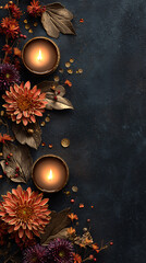 Festive Diwali backdrop with candles, flowers and dark textured background with space for text, copyspace, vertical banner