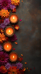 Festive Diwali backdrop with candles, flowers and dark textured background with space for text, copyspace, vertical banner