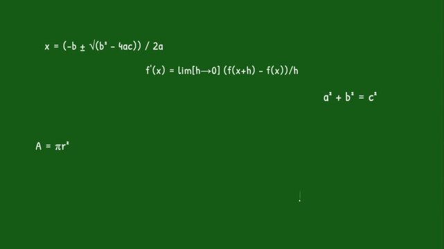 Mathematical equations and formulas written in white chalk on green background  