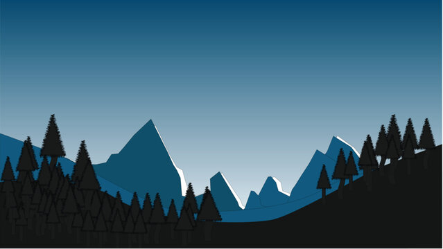 2D mountain landscape background vector with snow peaks, pine trees, and dark blue sky. Perfect for game scenes, outdoor illustrations, and web design projects.
