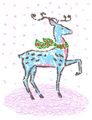 Santa's Christmas reindeer in red green scarf with pink snowfall. Crayon like child`s hand drawn cute fairy scene in snow. Pastel chalk pencil kids art flat cartoon doodle style. Vector simple deer 