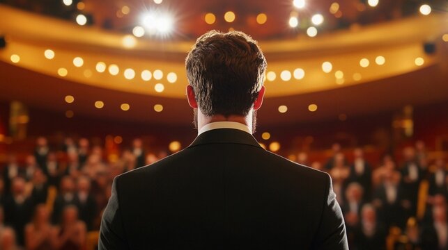 A person receiving an award on stage, with an applauding audience in the background symbolizing achievement and celebration