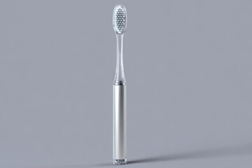 Modern sonic toothbrush design concept sleek silver and clear with blue bristles