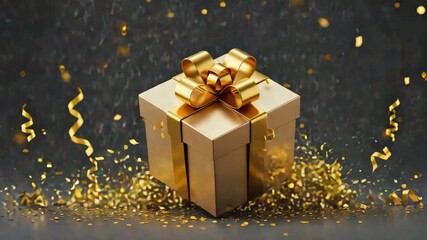 A golden gift box a ribbon bow, surrounded by falling confetti streamers on a dark background