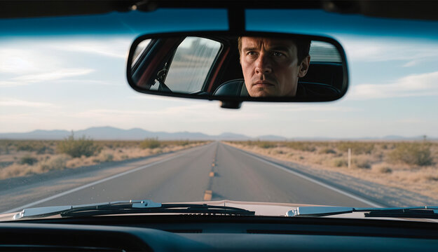 Cinematic shot of a pensive man in a rearview mirror, driving on an empty desert road. Represents a lonely journey, looking back, introspection, or escape. Ideal for a thriller poster