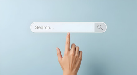Hand clicks on search bar for global information with internet and social media connection on blue background shows searching browsing and find concept illustration