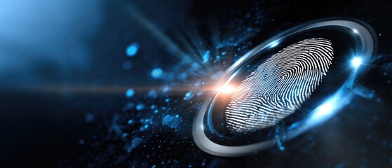 A digital fingerprint design with glowing elements, set against a dark background, representing security and technology.