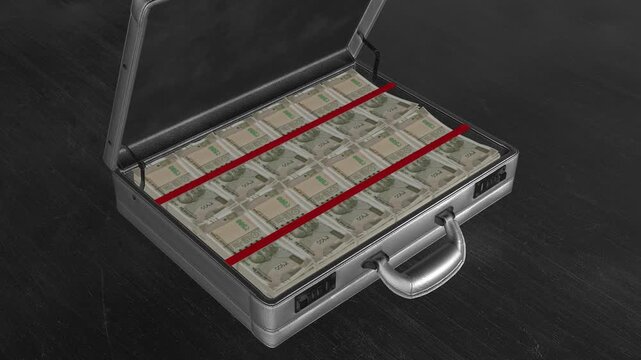 Silver briefcase packed with Indian 500 Rupee notes, Around in to highlight the abundance of money and success.