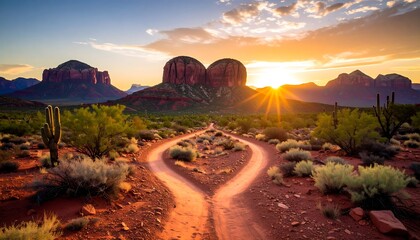 A desert path at sunrise, leading to two heart-shaped rock formations