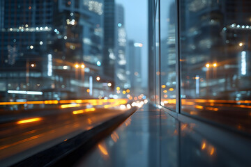 Obraz premium Data stream light trails: Urban energy flows in city, reflecting on glass with layered data modern cityscape evokes excitement and urban life