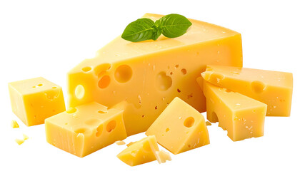 Close-up of a wedge of yellow cheese with holes, basil garnish, and several sliced pieces