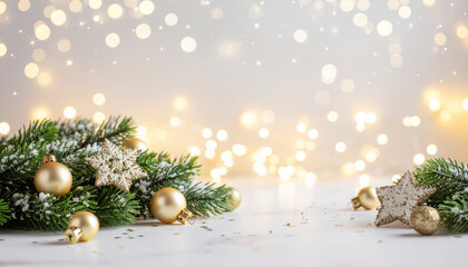 Christmas Fir Garland with Golden Ornaments and Bokeh Lights — Wide Copy Space