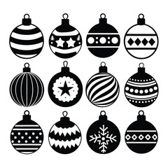 Collection of twenty classic christmas bauble icons in a clean black silhouette style for festive design projects