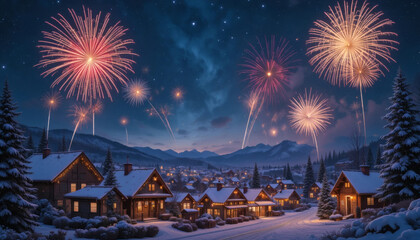 Fireworks lighting up the night sky over a snowy town decorated with Christmas lights