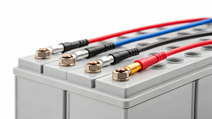 Car battery terminals with colorful wires isolated on transparent background, close up view