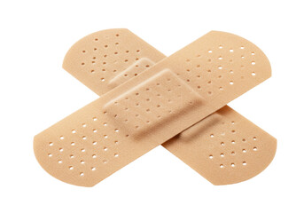 Two beige adhesive bandages crossed isolated on transparent background, medical plasters for wound care and first aid