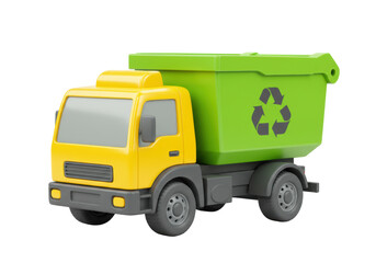Yellow and green toy garbage truck isolated PNG, recycling concept for children s educational resources and environmental awareness