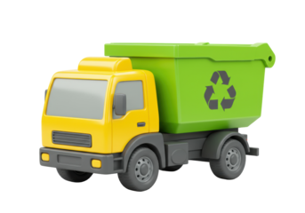 Yellow and green toy garbage truck isolated PNG, recycling concept for children s educational resources and environmental awareness
