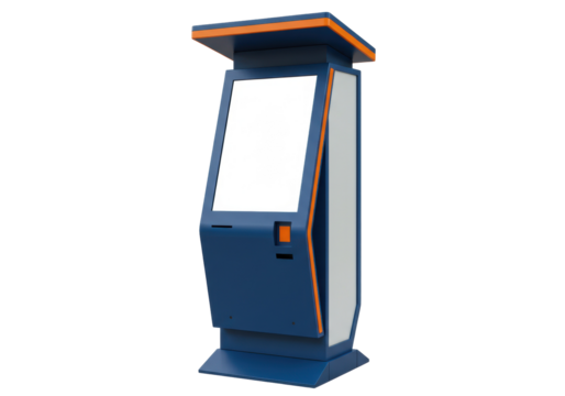 Blue and orange information kiosk isolated on transparent background, interactive digital signage for retail and public spaces