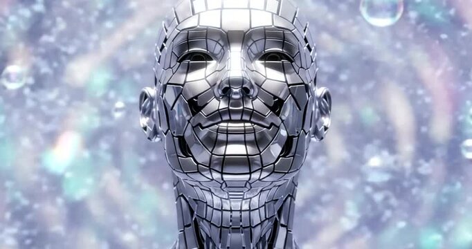 Futuristic robot head with metallic texture digital art concept for artificial intelligence and technology against a blurred background