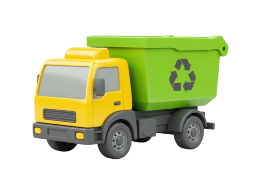 Yellow and green toy garbage truck isolated PNG, recycling concept for children s educational resources and environmental awareness - Powered by Adobe