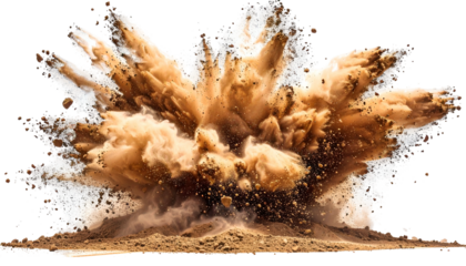 A dynamic explosion of tan dust and debris, expanding outward with force against white