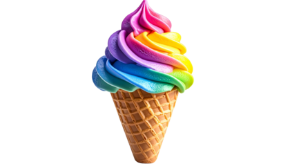 Vivid swirl of colorful ice cream in a waffle cone against a black background