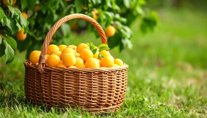 Plums in a basket beneath a tree