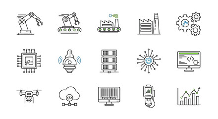 Line Art Industrial Icons Depicting Automation, Technology, and Manufacturing Processes.